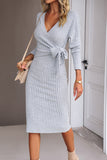 Bonnyshow Deep V Neck Tie Waist Casual Dress