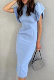 Bonnyshow new Midi dresses Cute Elegant Solid Flounce Slit O Neck Wrapped Skirt Dresses