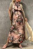 Bonnyshow Elegant Vintage Rose Print Halter Neck Maxi Dress