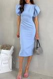 Bonnyshow new Midi dresses Cute Elegant Solid Flounce Slit O Neck Wrapped Skirt Dresses