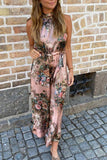 Bonnyshow Elegant Vintage Rose Print Halter Neck Maxi Dress