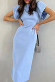 Bonnyshow new Midi dresses Cute Elegant Solid Flounce Slit O Neck Wrapped Skirt Dresses