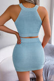 Bonnyshow Heart Contrast Ribbed Sleeveless Knit Top and Skirt Set