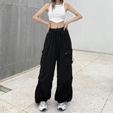 Bonnyshow Women Casual Joggers Tech Pants Solid Low Waist Pants Drawstring Wide Leg Baggy Trousers Y2k Streetwear Oversize Sweatpants