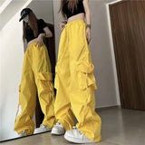 Bonnyshow Women Y2K Cargo Pants High Waist Streetwear Hip Hop Trousers Female Big Pockets Casual Low Waist Drawstring Baggy Sweatpants