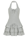 Bonnyshow  Women Halter Dresses Chic Layered Ruffles Mini Bodycon Tie Up Cake Dress Summer Backless Sundress Music festival Outfit