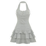 Bonnyshow  Women Halter Dresses Chic Layered Ruffles Mini Bodycon Tie Up Cake Dress Summer Backless Sundress Music festival Outfit