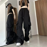 Bonnyshow Women Y2K Cargo Pants High Waist Streetwear Hip Hop Trousers Female Big Pockets Casual Low Waist Drawstring Baggy Sweatpants