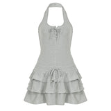 Bonnyshow  Women Halter Dresses Chic Layered Ruffles Mini Bodycon Tie Up Cake Dress Summer Backless Sundress Music festival Outfit