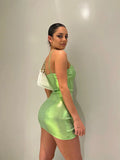 Bonnyshow  Women Summer New Fashion Clubwear O-Neck Sexy Bodycon Lady Dress Fluorescent Green Strap Pullover Mini Sheath Dresses