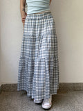 Bonnyshow  Korean Patchwork Tiered Skirt Women 2025 Summer Vintage Checkered High Waisted Elastic Waist Loose Long Skirts Casual