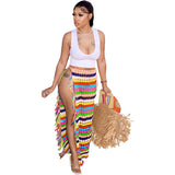 Bonnyshow Colorful Hand Crochet Tassel Maxi Skirts Women Fashion Sexy Side High Split Knitted Long Beach Cover Ups Casual Petticoats