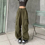 Bonnyshow Women Casual Joggers Tech Pants Solid Low Waist Pants Drawstring Wide Leg Baggy Trousers Y2k Streetwear Oversize Sweatpants