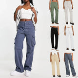 Bonnyshow  Y2K High Waist Casual Baggy Women Cargo Pants Vintage Straight Baggy Streetwear Elastic Wide Leg Workout Trousers With Pocket