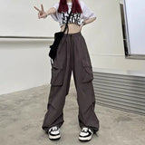 Bonnyshow Women Casual Joggers Tech Pants Solid Low Waist Pants Drawstring Wide Leg Baggy Trousers Y2k Streetwear Oversize Sweatpants