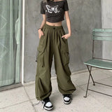 Bonnyshow Women Casual Joggers Tech Pants Solid Low Waist Pants Drawstring Wide Leg Baggy Trousers Y2k Streetwear Oversize Sweatpants