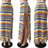 Bonnyshow Colorful Hand Crochet Tassel Maxi Skirts Women Fashion Sexy Side High Split Knitted Long Beach Cover Ups Casual Petticoats