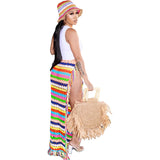 Bonnyshow Colorful Hand Crochet Tassel Maxi Skirts Women Fashion Sexy Side High Split Knitted Long Beach Cover Ups Casual Petticoats