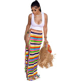 Bonnyshow Colorful Hand Crochet Tassel Maxi Skirts Women Fashion Sexy Side High Split Knitted Long Beach Cover Ups Casual Petticoats