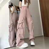 Bonnyshow Women Y2K Cargo Pants High Waist Streetwear Hip Hop Trousers Female Big Pockets Casual Low Waist Drawstring Baggy Sweatpants