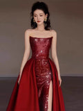 Bonnyshow Modest Mermaid Strapless Burgundy Floor Length Evening Dress Sequin Prom Dresses S3801