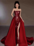 Bonnyshow Modest Mermaid Strapless Burgundy Floor Length Evening Dress Sequin Prom Dresses S3801