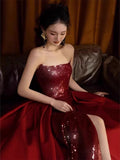 Bonnyshow Modest Mermaid Strapless Burgundy Floor Length Evening Dress Sequin Prom Dresses S3801