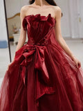 Bonnyshow Sexy Ball Gown Strapless Burgundy Tulle Long Evening Gowns Prom Dresses S3802