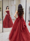 Bonnyshow Sexy Ball Gown Strapless Burgundy Tulle Long Evening Gowns Prom Dresses S3802