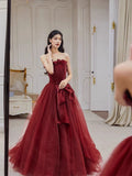 Bonnyshow Sexy Ball Gown Strapless Burgundy Tulle Long Evening Gowns Prom Dresses S3802