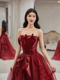 Bonnyshow Sexy Ball Gown Strapless Burgundy Tulle Long Evening Gowns Prom Dresses S3802