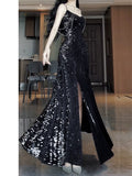 Bonnyshow Sexy Mermaid Spaghetti Straps Sequin Black Long Prom Dresses S3803