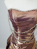 Bonnyshow Sexy Mermaid Strapless Sequin Brown Long Prom Dresses S3807