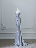 Bonnyshow Sexy Mermaid Spaghetti Straps Silver Sequin Long Prom Dresses S3808