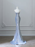 Bonnyshow Sexy Mermaid Spaghetti Straps Silver Sequin Long Prom Dresses S3808