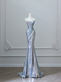 Bonnyshow Sexy Mermaid Spaghetti Straps Silver Sequin Long Prom Dresses S3808