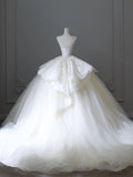 Bonnyshow Unique Ball Gown Strapless White Lace Satin Long Wedding Dresses Brides Dress S3809