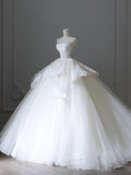 Bonnyshow Unique Ball Gown Strapless White Lace Satin Long Wedding Dresses Brides Dress S3809