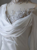 Bonnyshow Princess Mermaid High Neck Sequin White Satin Wedding Dresses S3810