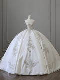 Bonnyshow Unique Ball Gown Strapless White Lace Satin Long Wedding Dresses Brides Dress S3811