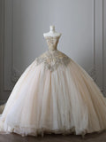 Bonnyshow Unique Ball Gown Strapless Tulle Champagne Long Wedding Dresses Brides Dress S3812