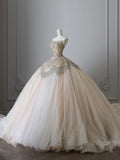 Bonnyshow Unique Ball Gown Strapless Tulle Champagne Long Wedding Dresses Brides Dress S3812