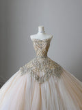 Bonnyshow Unique Ball Gown Strapless Tulle Champagne Long Wedding Dresses Brides Dress S3812