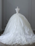 Bonnyshow Unique Ball Gown Strapless Tulle White Long Wedding Dresses Brides Dress S3814