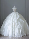 Bonnyshow Unique Ball Gown Strapless Tulle White Long Wedding Dresses Brides Dress S3814