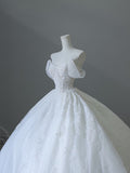 Bonnyshow Unique Ball Gown Strapless Tulle White Long Off The Shoulder Wedding Dresses Brides Dress S3815