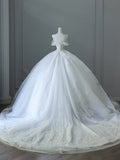 Bonnyshow Unique Ball Gown Strapless Tulle White Long Off The Shoulder Wedding Dresses Brides Dress S3815