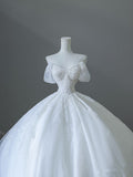 Bonnyshow Unique Ball Gown Strapless Tulle White Long Off The Shoulder Wedding Dresses Brides Dress S3815