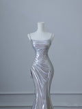 Bonnyshow Sexy Mermaid Spaghetti Straps Silver Sequin Long Prom Dresses S3820