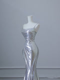 Bonnyshow Sexy Mermaid Spaghetti Straps Silver Sequin Long Prom Dresses S3820